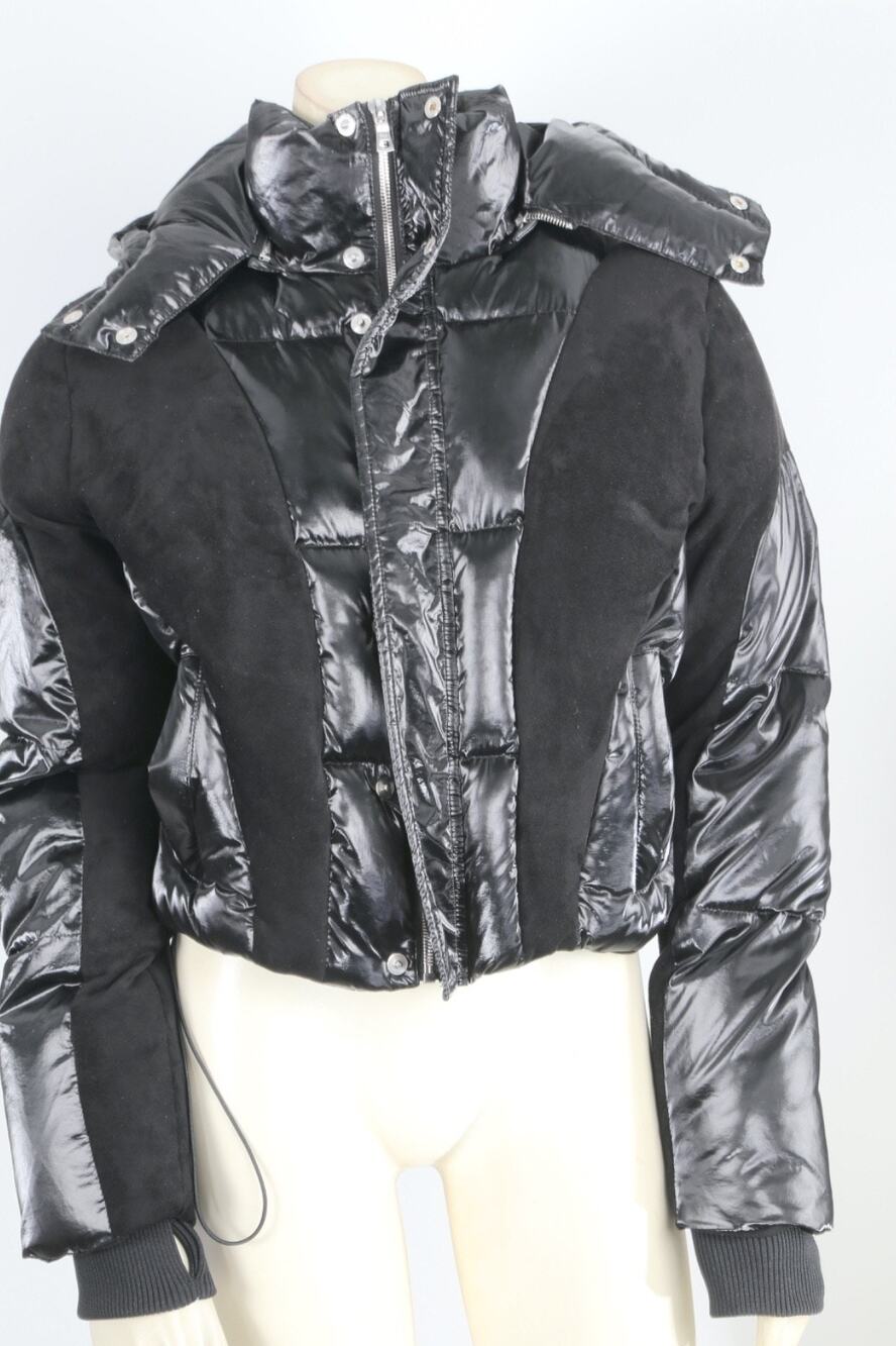 RTA Road to Awe Black Glossy Lacquered Nylon Cropped Puffer Jacket Hooded XS